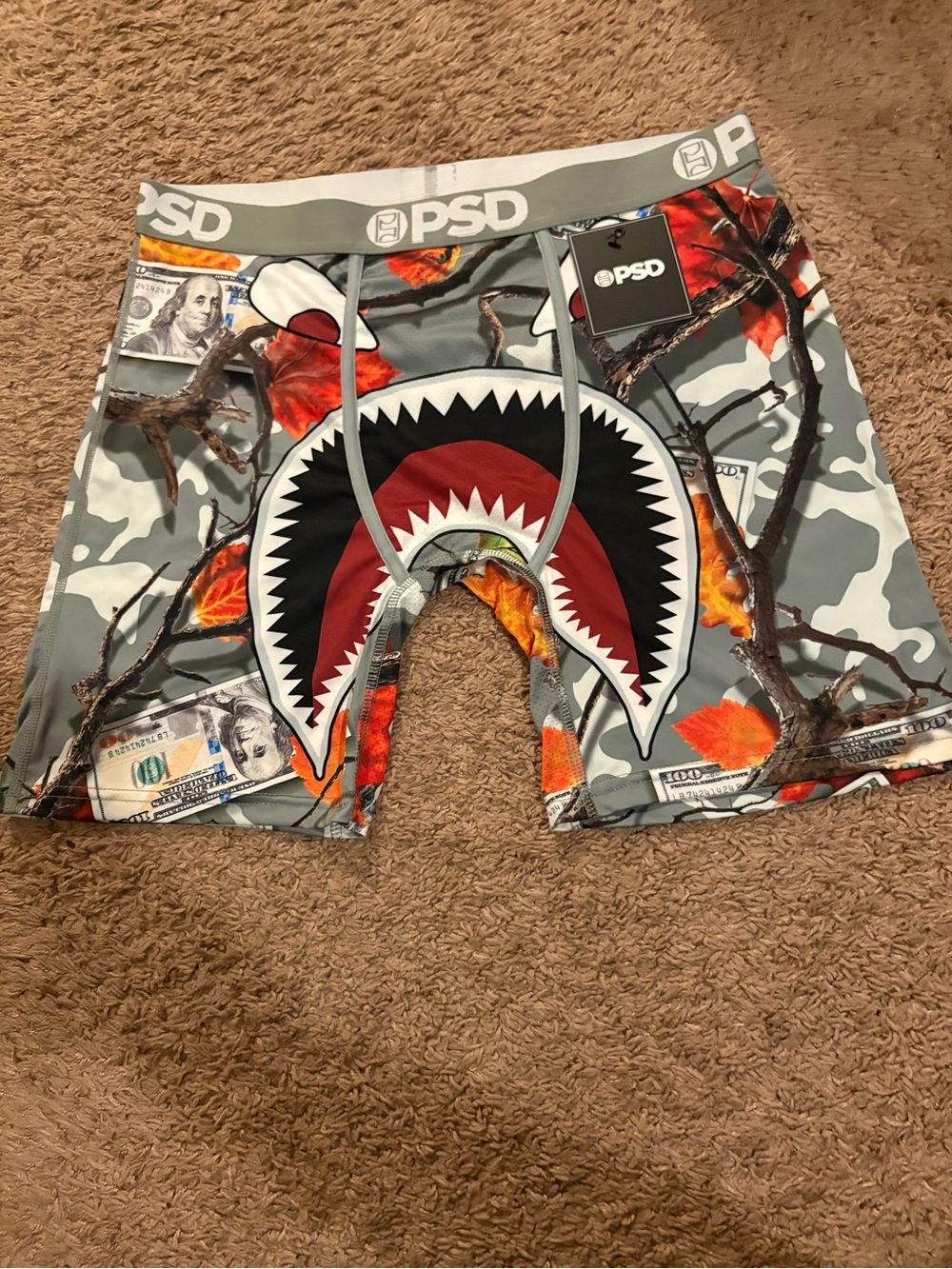 PSD Kids Shark Mouth Camo Swim Trunks - Gray/Red/Orange